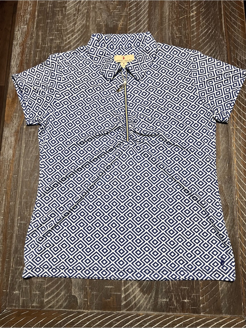 Sport Haley Ladies Geometric Navy/White Golf Shirt with Zipper Accent Size M